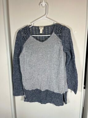 Chico's‎ 1 Women Knitted Top Sweater Tunic Blue Two Tone Crochet assymetric